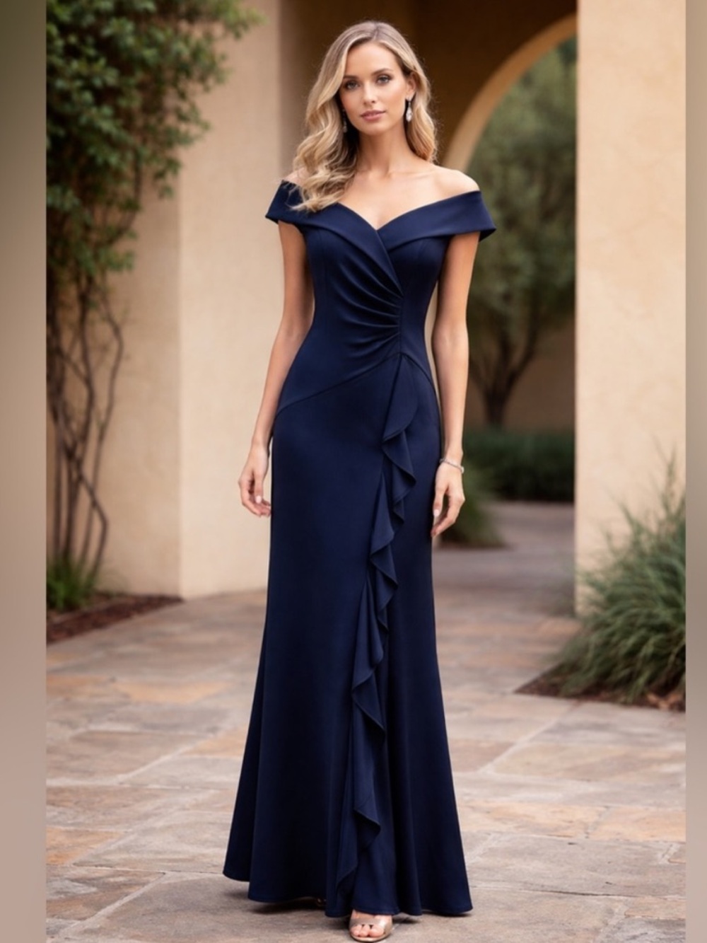 Xscape Off-Shoulder Navy Ruffle-Trim Maxi Dress